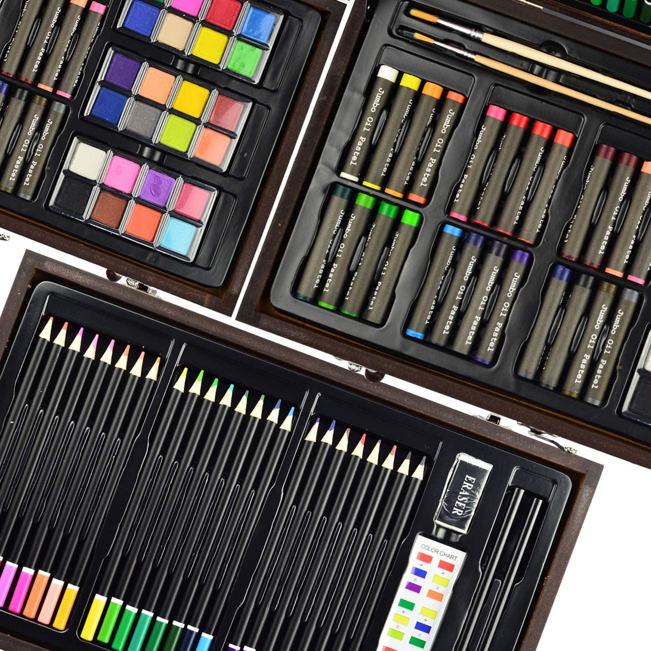 145 Piece Deluxe Art Set, Wooden Box & Drawing Kit with Crayons, Oil Pastels, Colored Pencils, Watercolor Cakes, Sketch Pencils, Paint Brush, Sharpener, Eraser, Color Chart (Cherry)