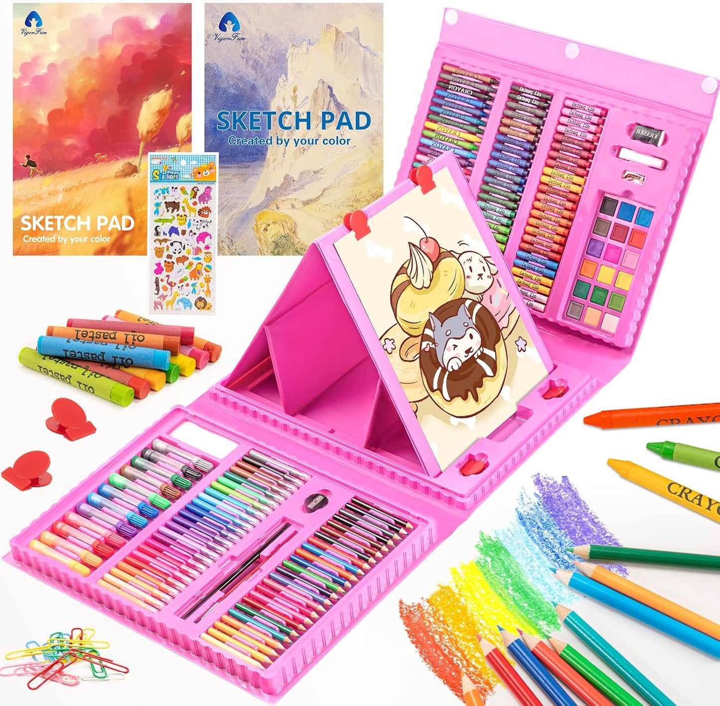 Art Supplies, 240-Piece Drawing Art Kit, Gifts for Girls Boys Teens, Art Set Crafts Case with Double Sided Trifold Easel, Includes Sketch Pads, Oil Pastels, Crayons, Colored Pencils (Pink)