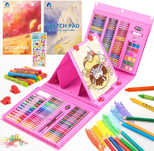 Art Supplies, 240-Piece Drawing Art Kit, Gifts for Girls Boys Teens, Art Set Crafts Case with Double Sided Trifold Easel, Includes Sketch Pads, Oil Pastels, Crayons, Colored Pencils (Pink)