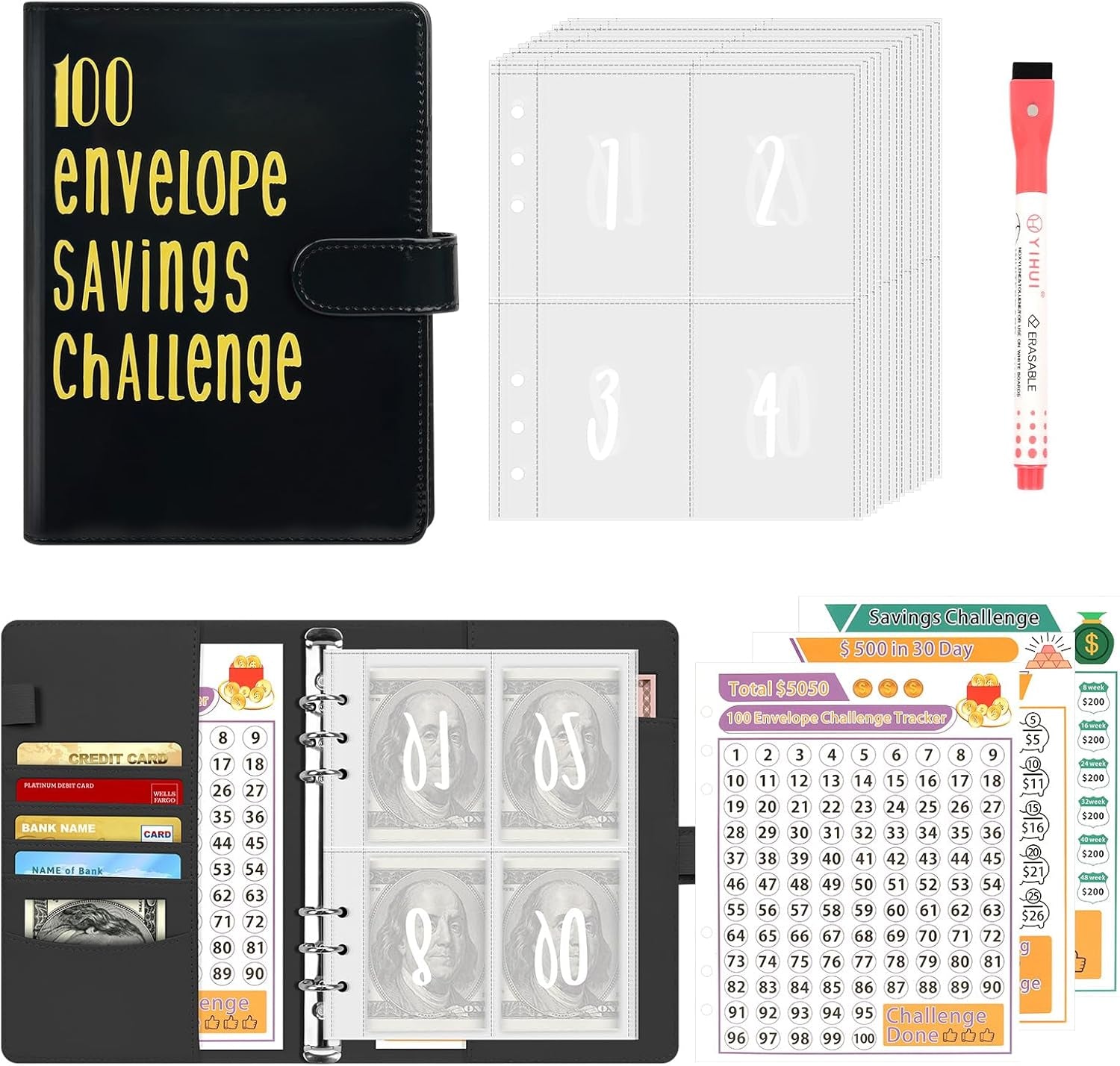 100 Envelopes Challenge Binder A5 Money Saving Binder, PU Leather Envelope Savings Challenge Book, Easy and Funny Way to save $500/$5,050 /$10,000, Budget Binder with Cash Envelopes-Black