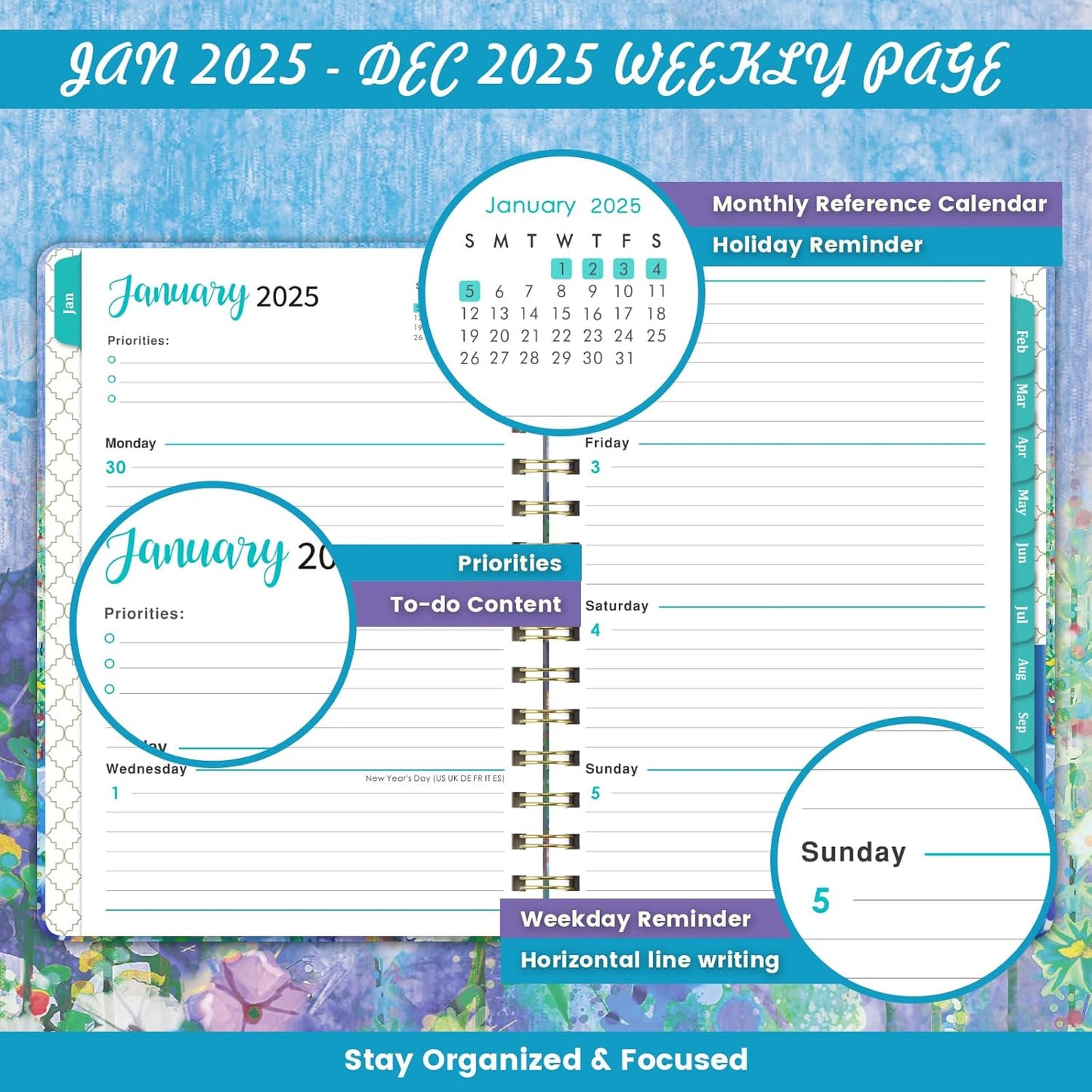 2025 Planner - 2025 Planner Weekly and Monthly, JAN. 2025 - DEC. 2025, 6.4" X 8.5", Calendar 2025 Planner with Monthly Tabs, Sturdy Cover, Premium Paper, Back Pocket, Strong Twin-Wire Binding