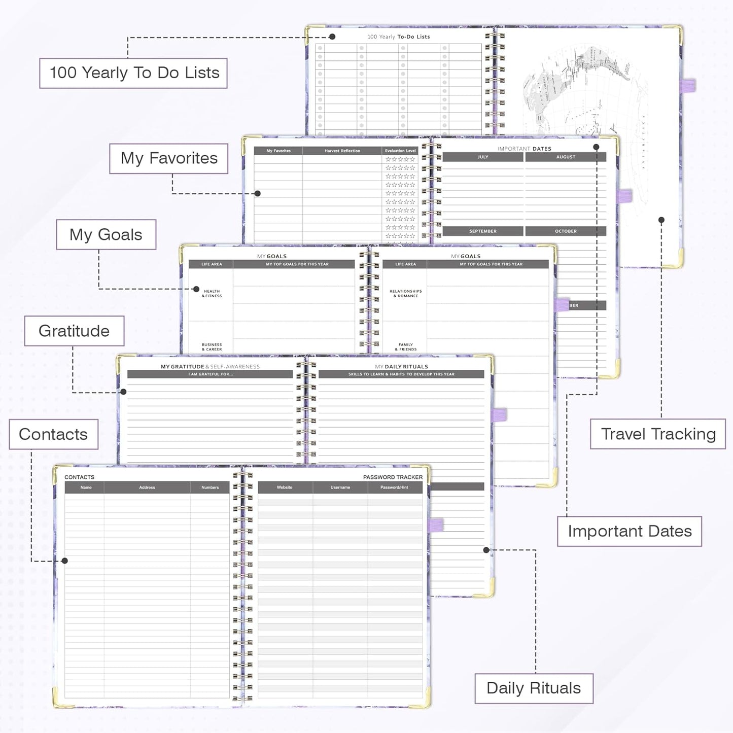 Academic Planner Undated Daily Spiral Binding Weekly Monthly Hardcover Planners with Stickers 12 Months Productivity Aesthetic Journey Letter Size Purple Marble