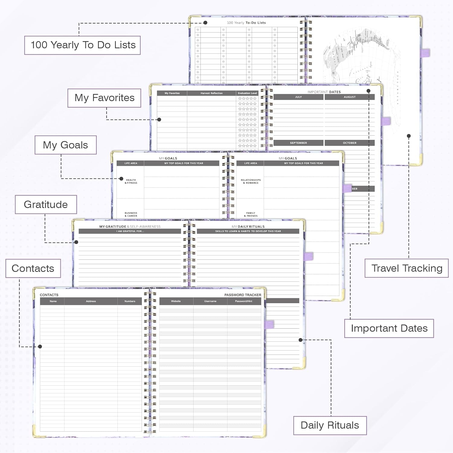 Academic Planner Undated Daily Spiral Binding Weekly Monthly Hardcover Planners with Stickers 12 Months Productivity Aesthetic Journey Letter Size Purple Marble