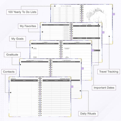 Academic Planner Undated Daily Spiral Binding Weekly Monthly Hardcover Planners with Stickers 12 Months Productivity Aesthetic Journey Letter Size Purple Marble