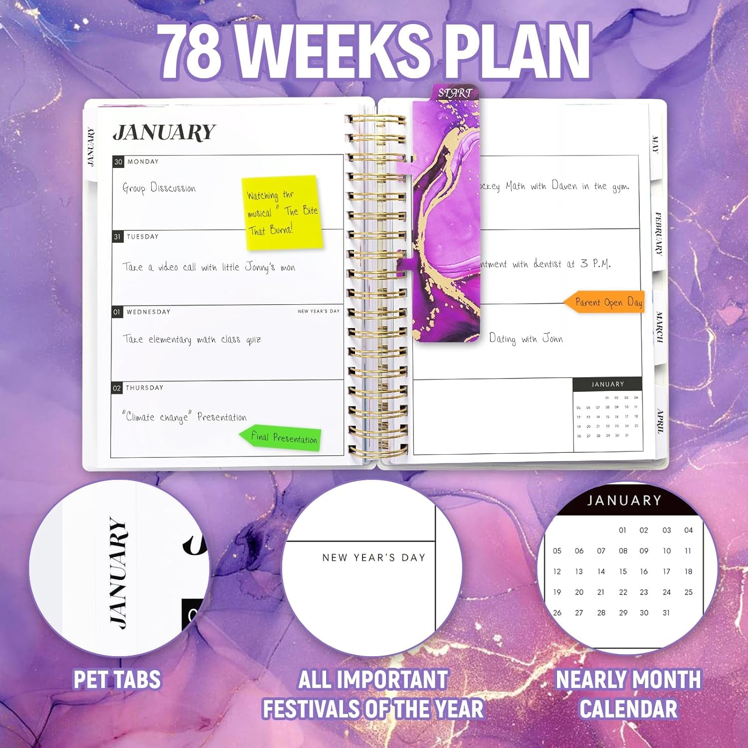 Planner 2025-2026 7.9" X 9.8", Large 18 Months Academic Daily Weekly Monthly Planner Yearly Agenda Jan. 2025–June. 2026, Page Tabs, Separator Page, Pocket Folder, Bookmark, Stickers, Sticky Note Set