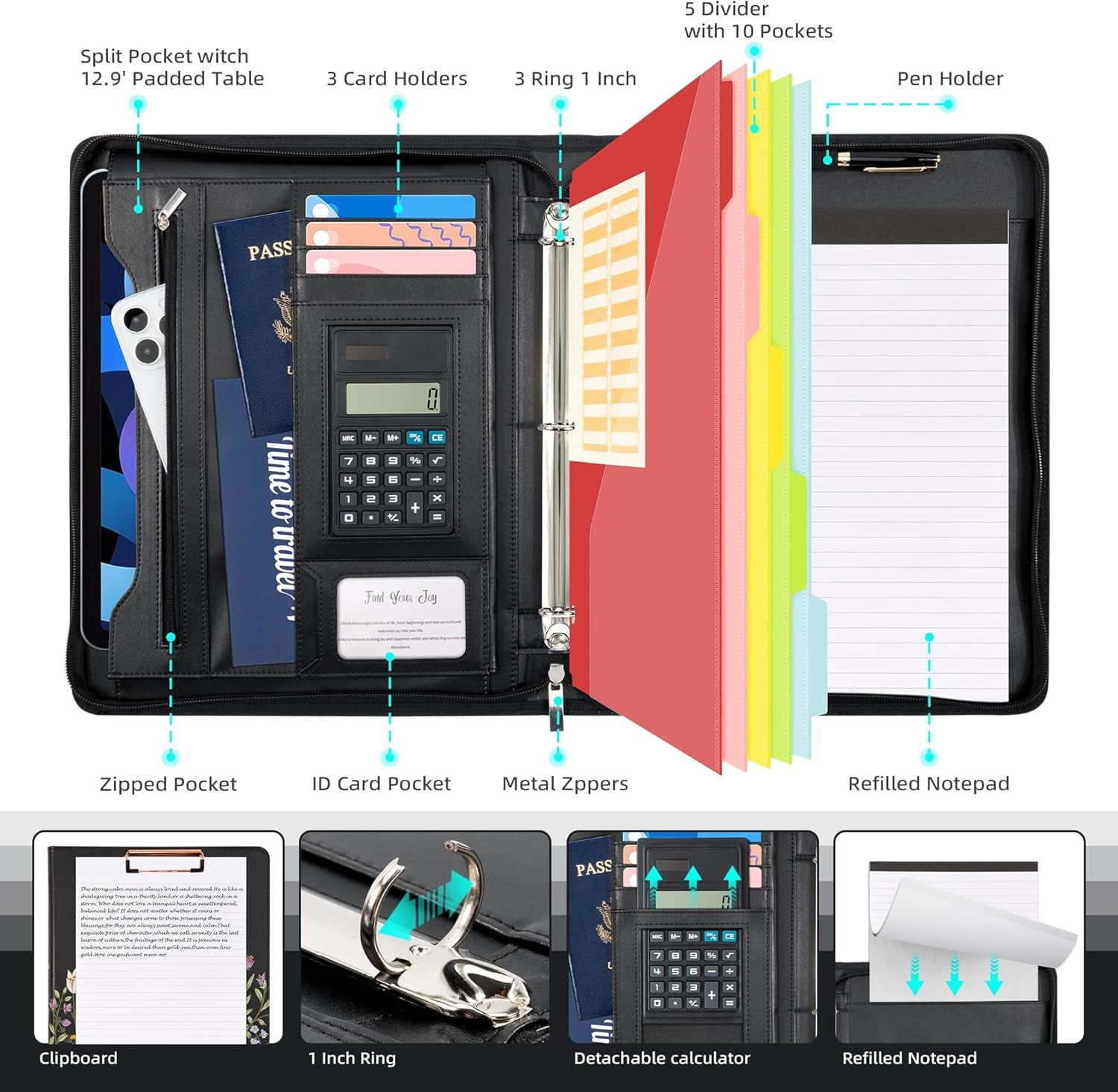 Leather Portfolio Folder with Zipper - 3 Ring Binder with Clipbard - Calculator, 12.1” Tablet Sleeve, 5 Dividers with 10 Pockets, Refillable Notepad, Card Holder (Bushes)