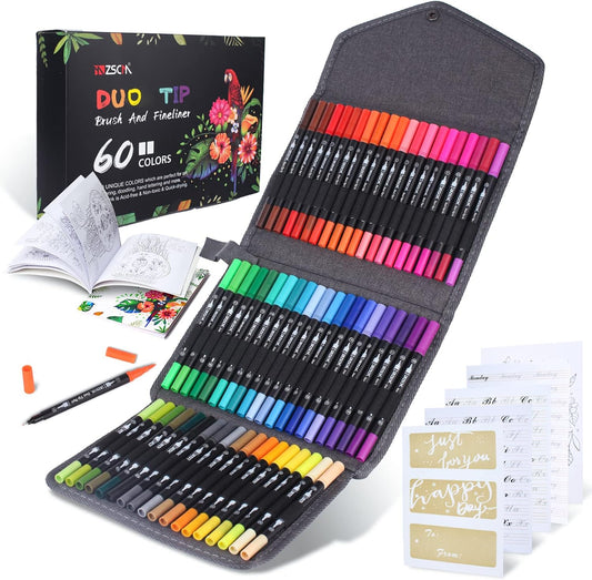 ZSCM Duo Tip Brush Coloring Pens,60 Colors Art Markers,Fine Brush Tip Pen for Adults Coloring Book Journals Planner Writing Drawing Note Taking, Include Brush Lettering Calligraphy