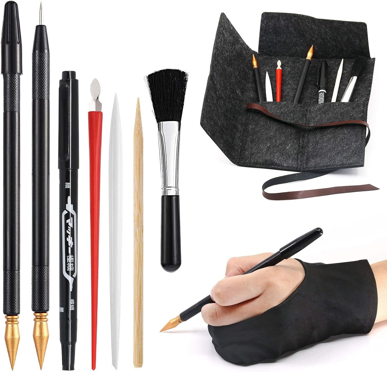 Scratch Art Tools, 9 Pcs Scratching Drawing Tools Set: Artist Glove, Tools Bag, Scratch Coloring Pens, Plastic and Wooden Stylus, Scraper, Repair Pen, Clean Brush for Adults & Kids Painting Paper