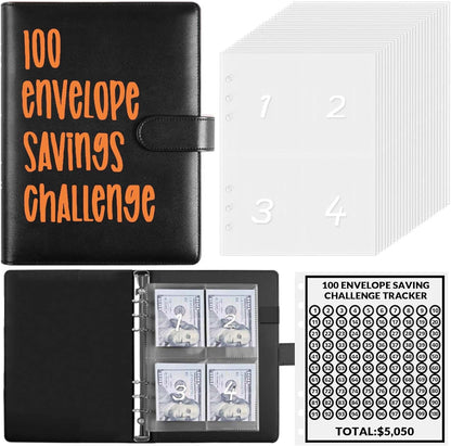 100 Envelopes Money Saving Challenge Binder, A5 Money Saving Budget Binder with Cash Envelopes, Budget Binder Planner Book for Planning & Saving Money, Savings Challenges Book to save $5,050-Black