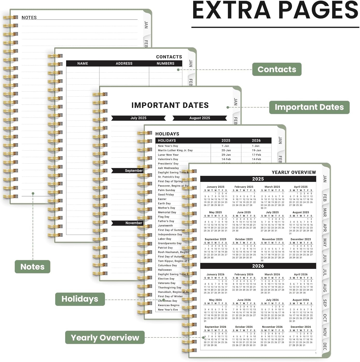 2025 Planner Weekly and Monthly, Jan 2025 to Dec 2025, Hardcover 2025 Calendar Planner Book with Tabs & Inner Pocket, Office Home School Supplies for Women & Men - A5 (6.3" X 8.5"), Spiral Bound, Green