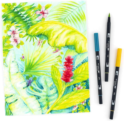 56189 Dual Brush Pen Art Markers, Tropical, 10-Pack. Blendable, Brush and Fine Tip Markers