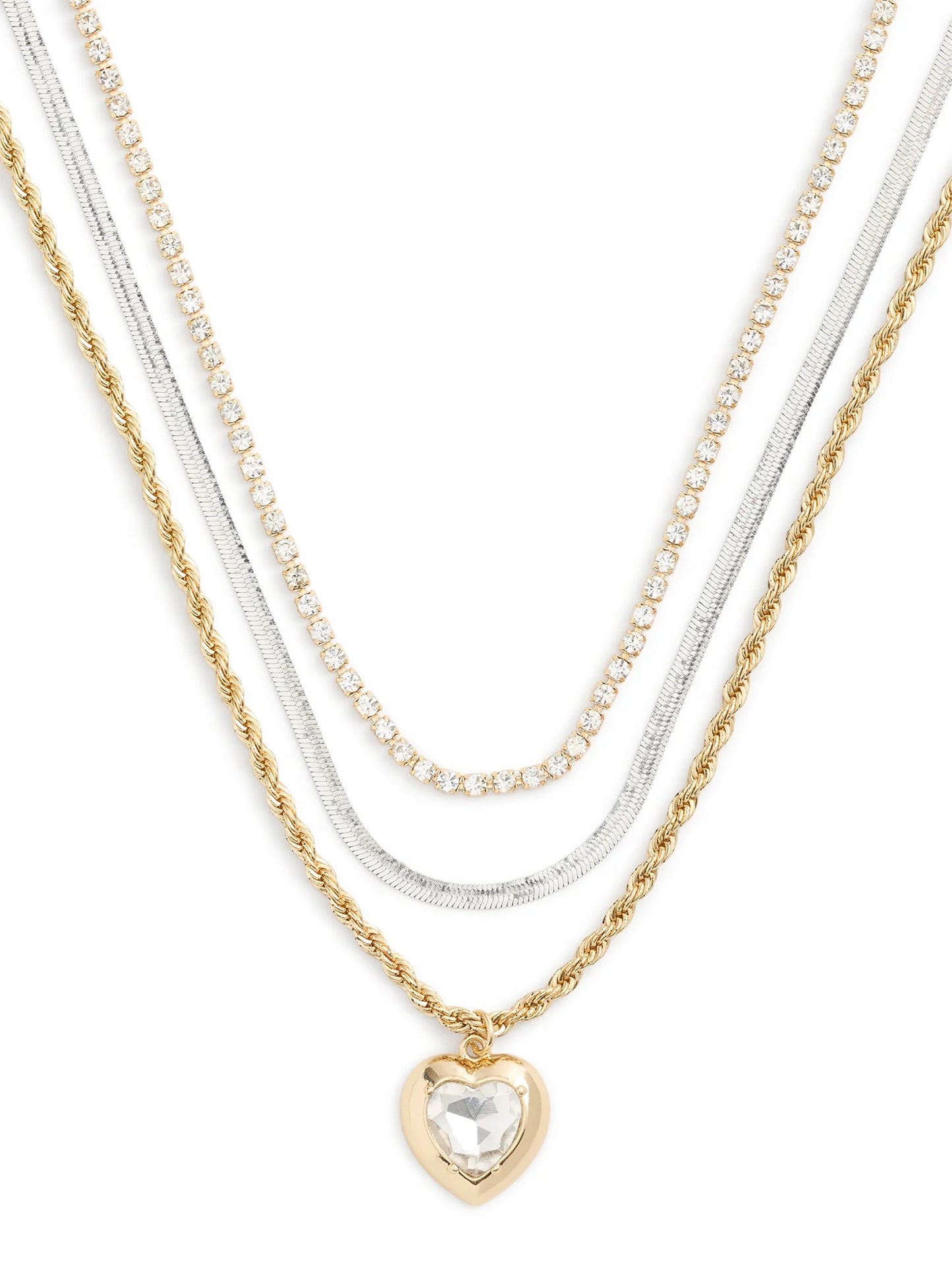 Women'S Fashion Gold Tone Stone Heart Pendant Necklace Set, 3-Piece