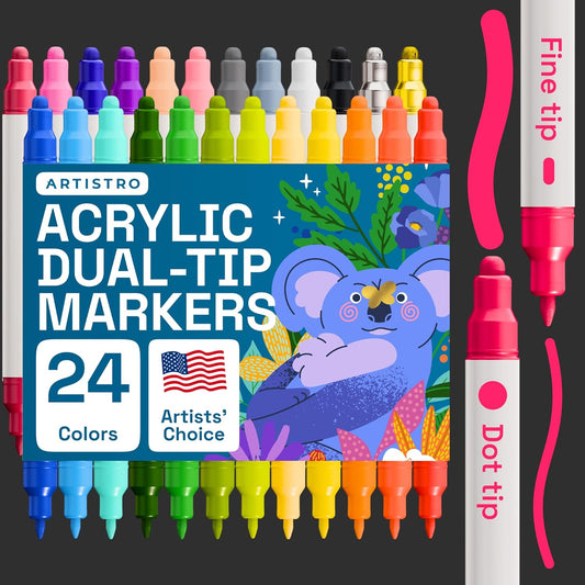 24 Acrylic Paint Pens, Acrylic Paint Markers, Fabric Markers for Textile, Canvas, Rock, Glass, Wood, Paper, Pumpkin, DIY, Paint Markers for Kids and Adults (Dual Tip Dot + Fine, 24)