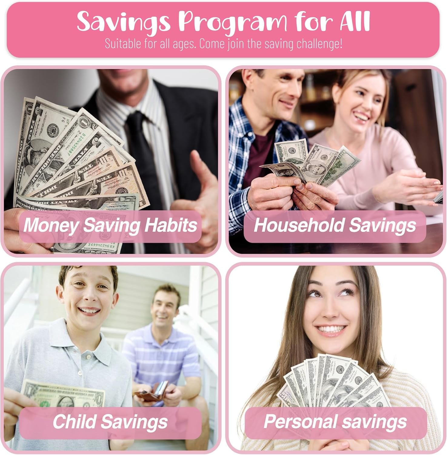 100 Envelopes Money Saving Challenge, A5 Savings Challenges Book Budget Binder with Cash Envelopes Erasable Tracker, Easy and Fun Way to save $500 $5050 $10000 (Pink)