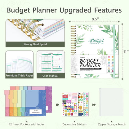 Budget Planner 2025, Spiral Budget Planner and Monthly Bill Organizer with Stickers, 8.5 X 11" Financial Planner Expense Tracker, Undated Budget Book with 12 Pockets (Green)