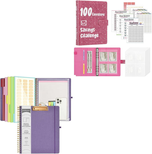 Foldable Spiral Clipboard Folio with Storage Zipper Pouch, 5 Plastic Folders with 10 Pockets,Refillable Lined Notepad (11" X 8.5"), Hardcover Project Organizer with 39 Stickers