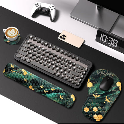 3 in 1 Ergonomic Mouse Pad and Keyboard Wrist Rest, Mouse Pad with Wrist Support Massage Design, Keyboard Wrist Rest and Mouse Pad Set for Home Office (Green Bee)