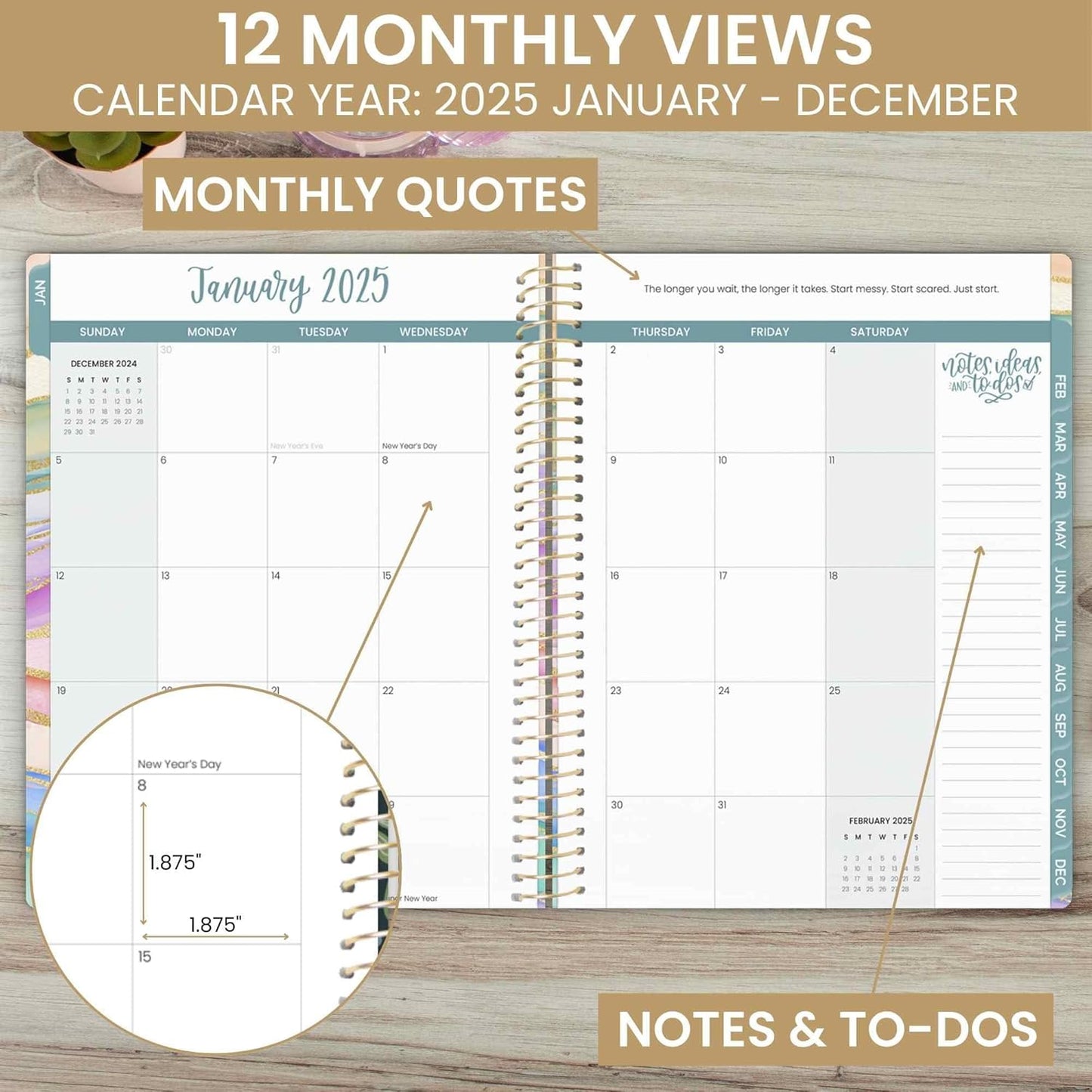 2025 Planner (8.5" X 11") Calendar Year Day Planner (January 2025 - December 2025) - Weekly & Monthly Agenda Organizer with Stickers & Tabs - Watercolor Waves