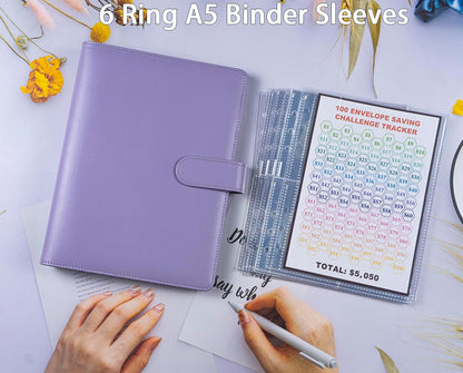 25 Pcs 4 Pocket 100 Envelopes Money Saving Challenge Sleeves and Tracker Sheet Protector, Fit for 6 Ring A5 Binder, Pre-Printed 1~100 Numbers Money Pockets Refill Pages,Top Loading Currency Pages