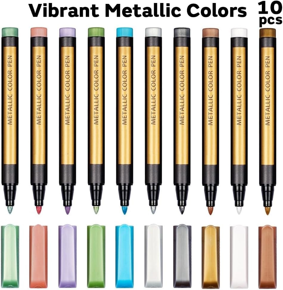 Metallic Marker Pens - Set of 10 Medium Point Metallic Markers for Rock Painting, Black Paper, Card Making, Scrapbooking Crafts, DIY Photo Album