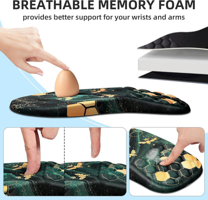 3 in 1 Ergonomic Mouse Pad and Keyboard Wrist Rest, Mouse Pad with Wrist Support Massage Design, Keyboard Wrist Rest and Mouse Pad Set for Home Office (Green Bee)