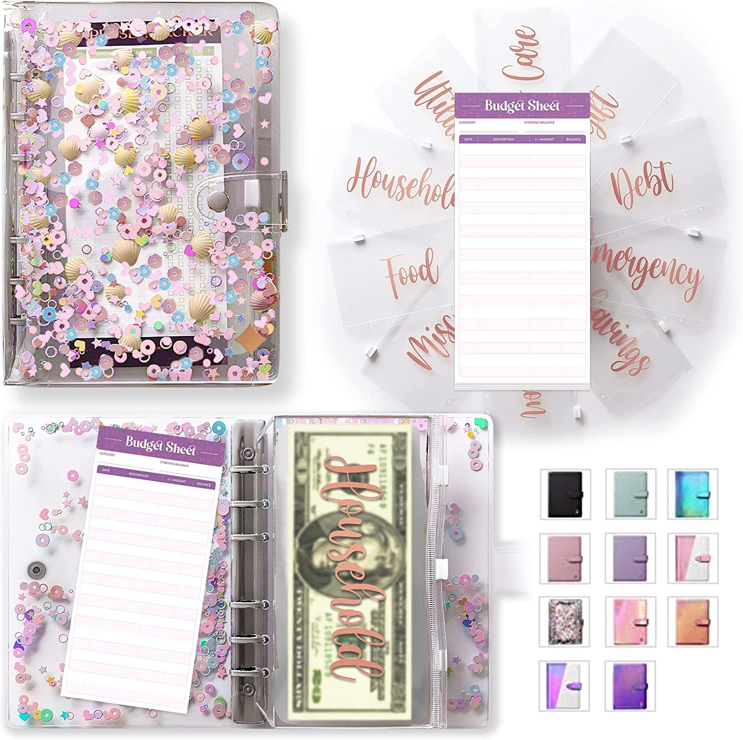 Budget Binder with Zipper Envelopes - Glitter Money Organizer for Cash, A6 Binder Cash Envelopes for Budgeting, Money Saving Binder with Rose Gold Pre-Printed Stickers