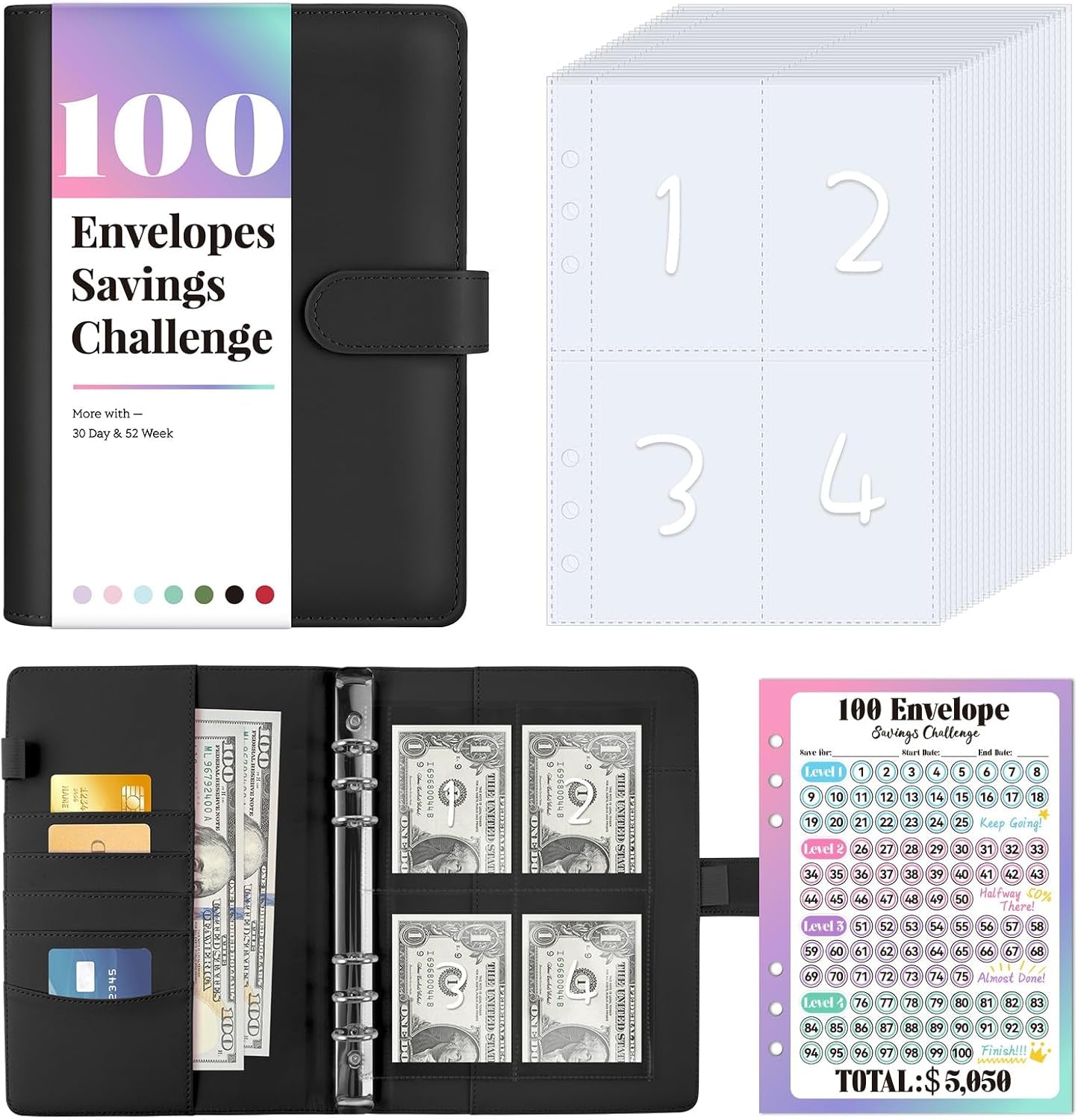 100 Envelopes Money Saving Challenge, Savings Challenges Book with Envelopes, Flexible Saving $5050, 2600, 300, Savings Binder with 100 Pocket Pre-Number & Reusable Laminated Tracker