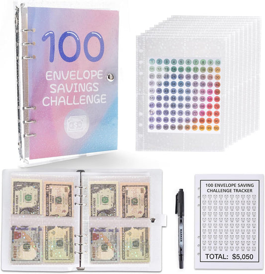 100 Envelopes Money Saving Challenge, 100 Envelope Challenge Binder, Money Saving Binder, Budget Book with Cash Envelopes to save $5,050, Envelope Savings Challenge Book and Budget Binder (Pink)