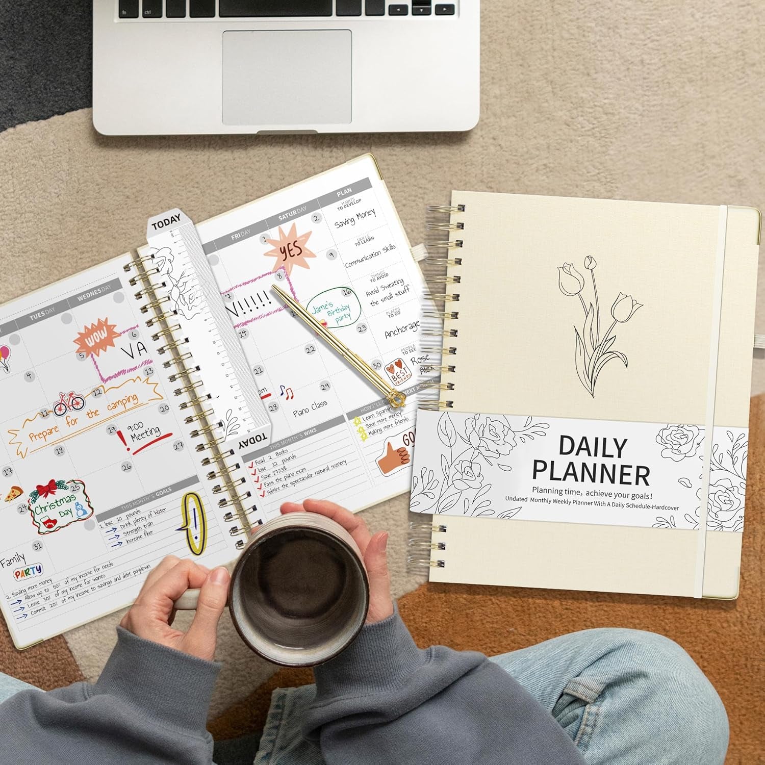 Undated Daily Planner 2024-2025 Spiral Bound, 8.5 X 11 Weekly Monthly Life Planner, A4 Linen Hardcover Organizer Planner with Stickers, Beige