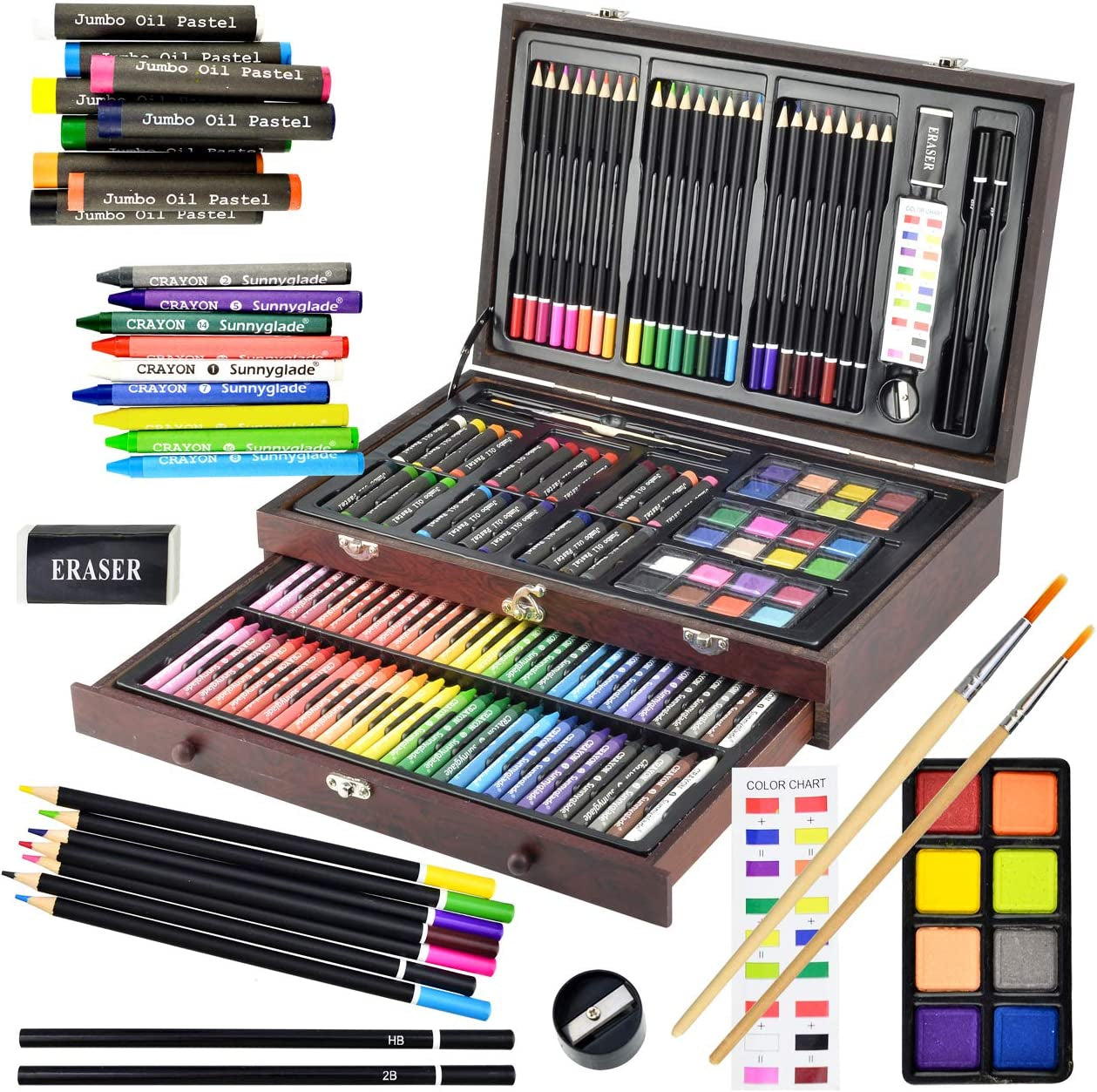 145 Piece Deluxe Art Set, Wooden Box & Drawing Kit with Crayons, Oil Pastels, Colored Pencils, Watercolor Cakes, Sketch Pencils, Paint Brush, Sharpener, Eraser, Color Chart (Cherry)