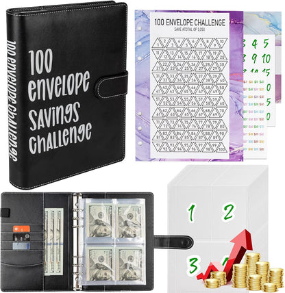 100 Envelopes Money Saving Challenge Binder,  A5 Money Saving Challenges Book, Savings Binder Budget Binder with Cash Envelopes to save $5050 (Black)