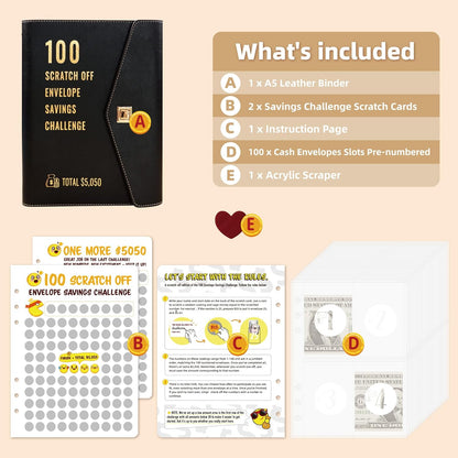 100 Envelopes Money Saving Challenge with 2 Scratch-Off Cards of $5050 - Unknown Random Daily Money,100 Day Challenge Money Saving Binder Budget Planner, Leather Cover Budget Book for Cash 2024