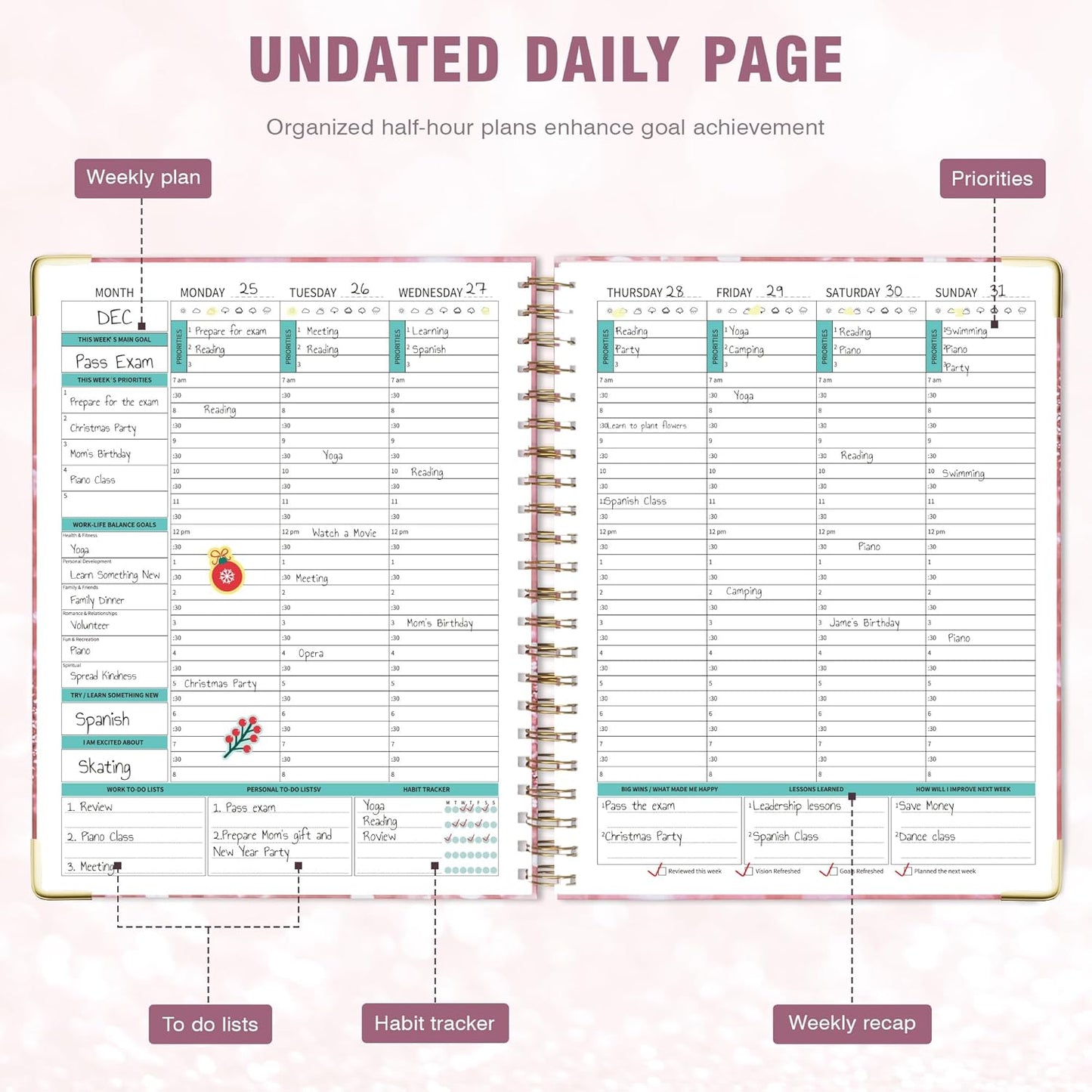 Undated Spiral Bound Planner Daily, Weekly and Monthly Planner, Pink Teacher Planner 12 Month 8.5 X 11