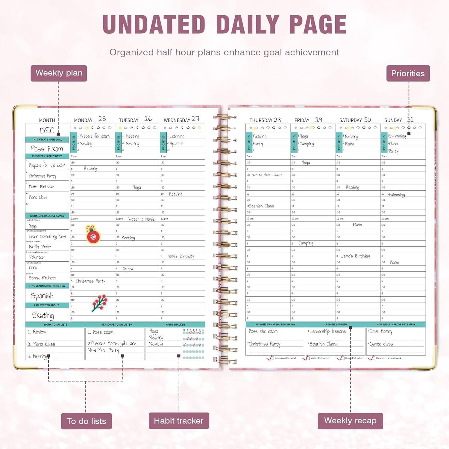 Undated Spiral Bound Planner Daily, Weekly and Monthly Planner, Pink Teacher Planner 12 Month 8.5 X 11