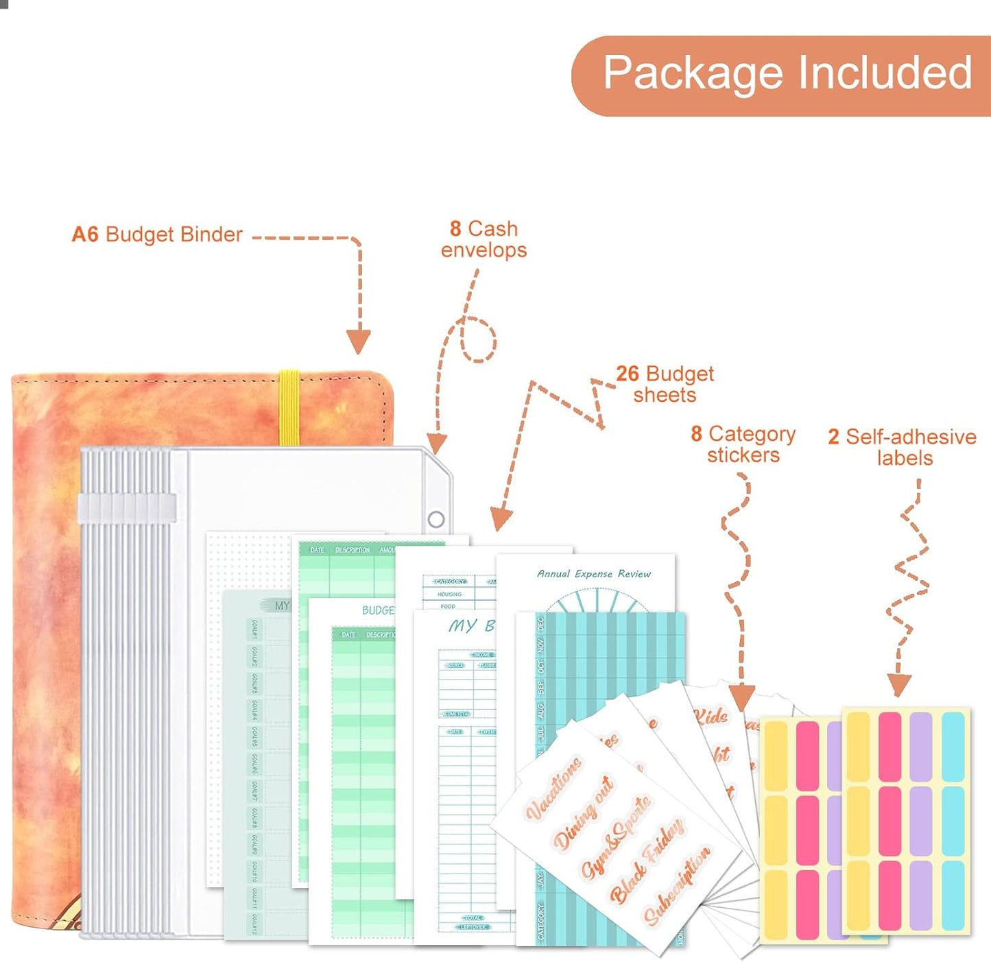 A6 Budget Binder with Zipper Envelopes, Money Bill Organizer for Cash, Money Planner with Cash Envelopes for Budgeting, Money Saving Binder(Orange Mandala)