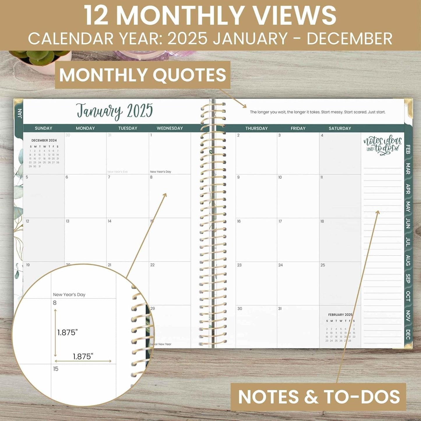 HARDCOVER 2025 (8.5" X 11") Calendar Year Day Planner (January 2025 - December 2025) - Passion/Goal Organizer - Monthly & Weekly Inspirational Agenda Book - Eucalyptus, White