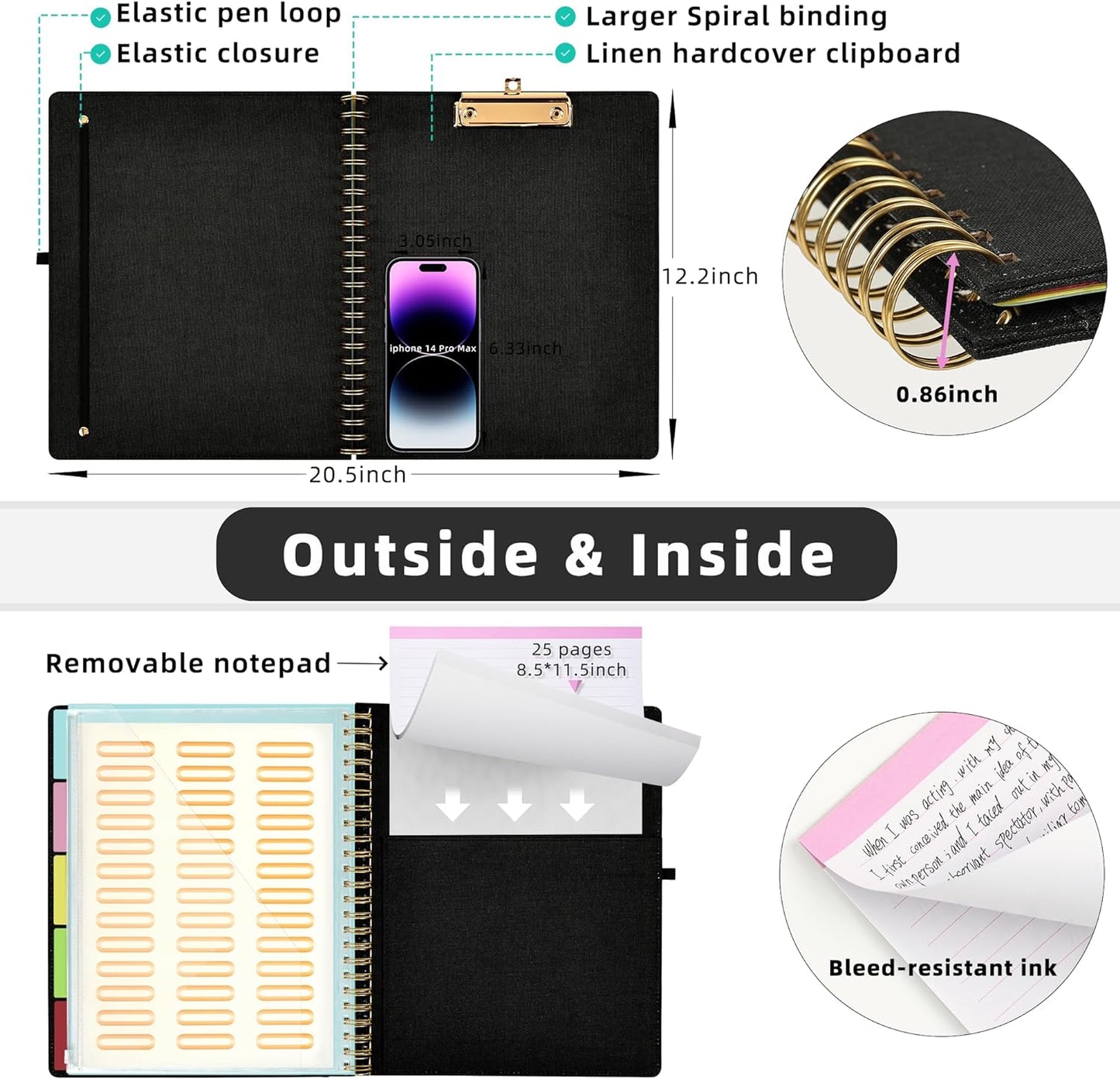 Foldable Spiral Clipboard Folio with Storage Zipper Pouch, 5 Plastic Folders with 10 Pockets,Refillable Lined Notepad (11" X 8.5"), Hardcover Project Organizer with 39 Stickers (Black)