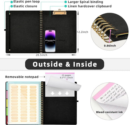 Foldable Spiral Clipboard Folio with Storage Zipper Pouch, 5 Plastic Folders with 10 Pockets,Refillable Lined Notepad (11" X 8.5"), Hardcover Project Organizer with 39 Stickers