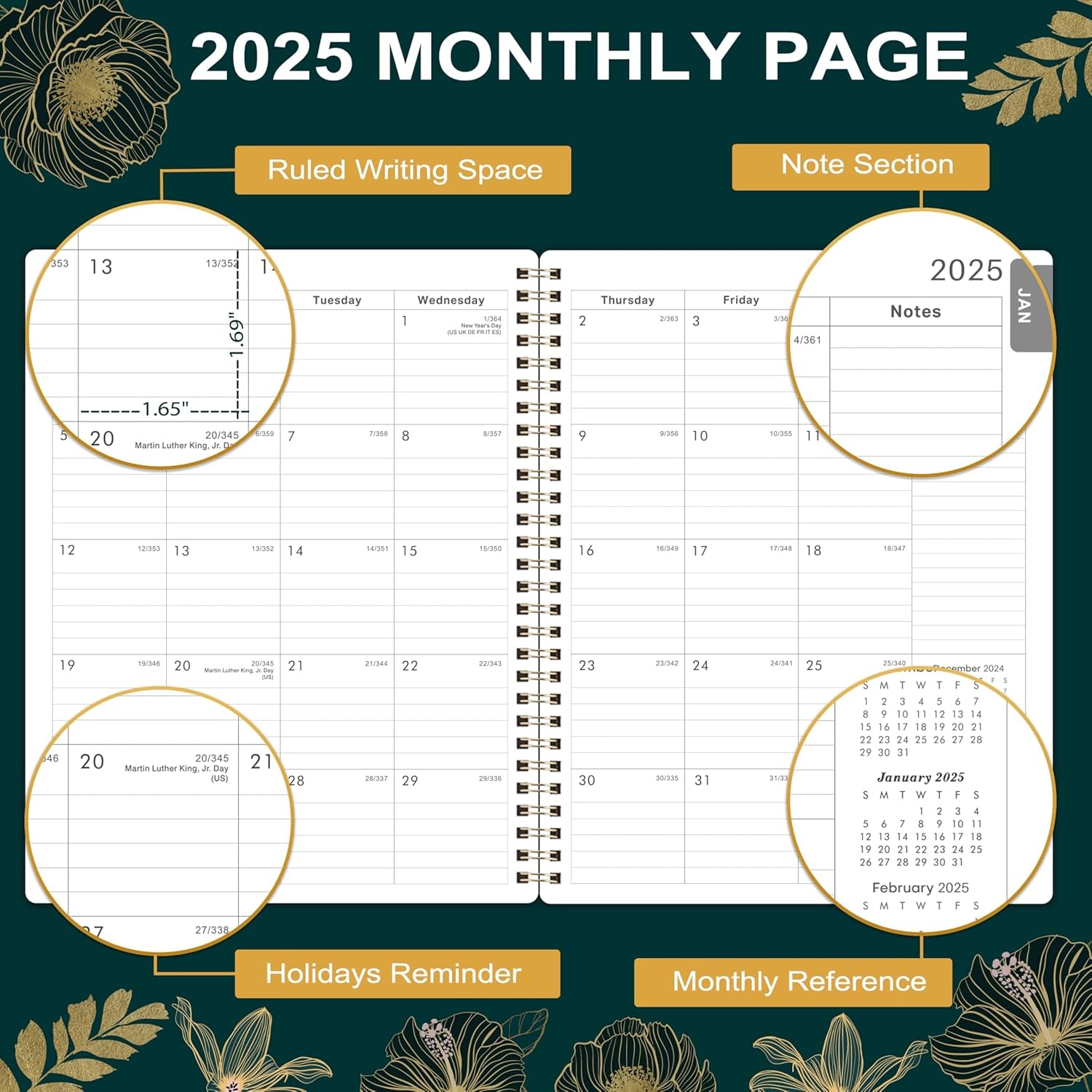 2025 Planner - 2025 Planner Weekly and Monthly from January 2025 to December 2025, 8" X 10", Weekly Planner 2025 with Flower Cover, Green