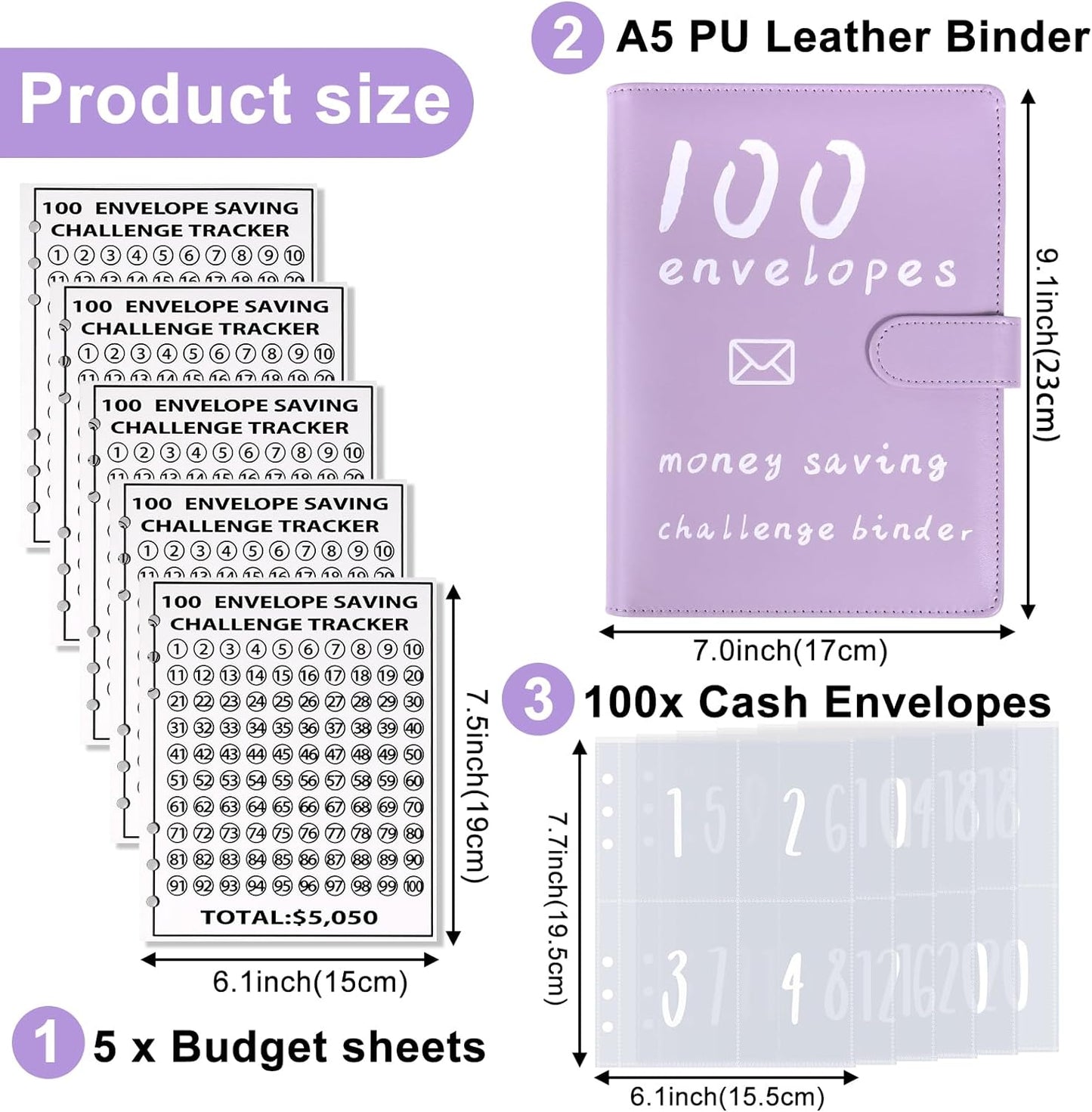 100 Envelopes Money Saving Challenge Binder Kit, Fun Budget Binder Book Organizer with Cash Envelopes for 100 Day Cash Stuffing, Budgeting, Money Saving Box Replacement, 1 Set Purple