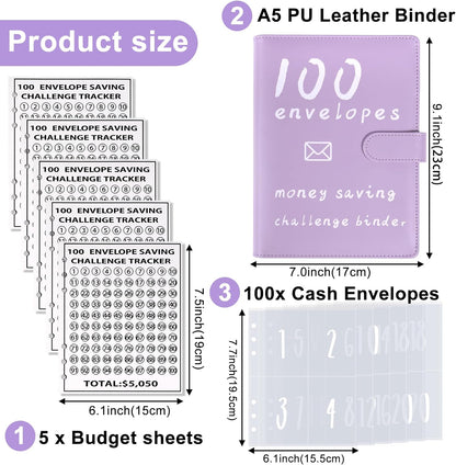 100 Envelopes Money Saving Challenge Binder Kit, Fun Budget Binder Book Organizer with Cash Envelopes for 100 Day Cash Stuffing, Budgeting, Money Saving Box Replacement, 1 Set Purple