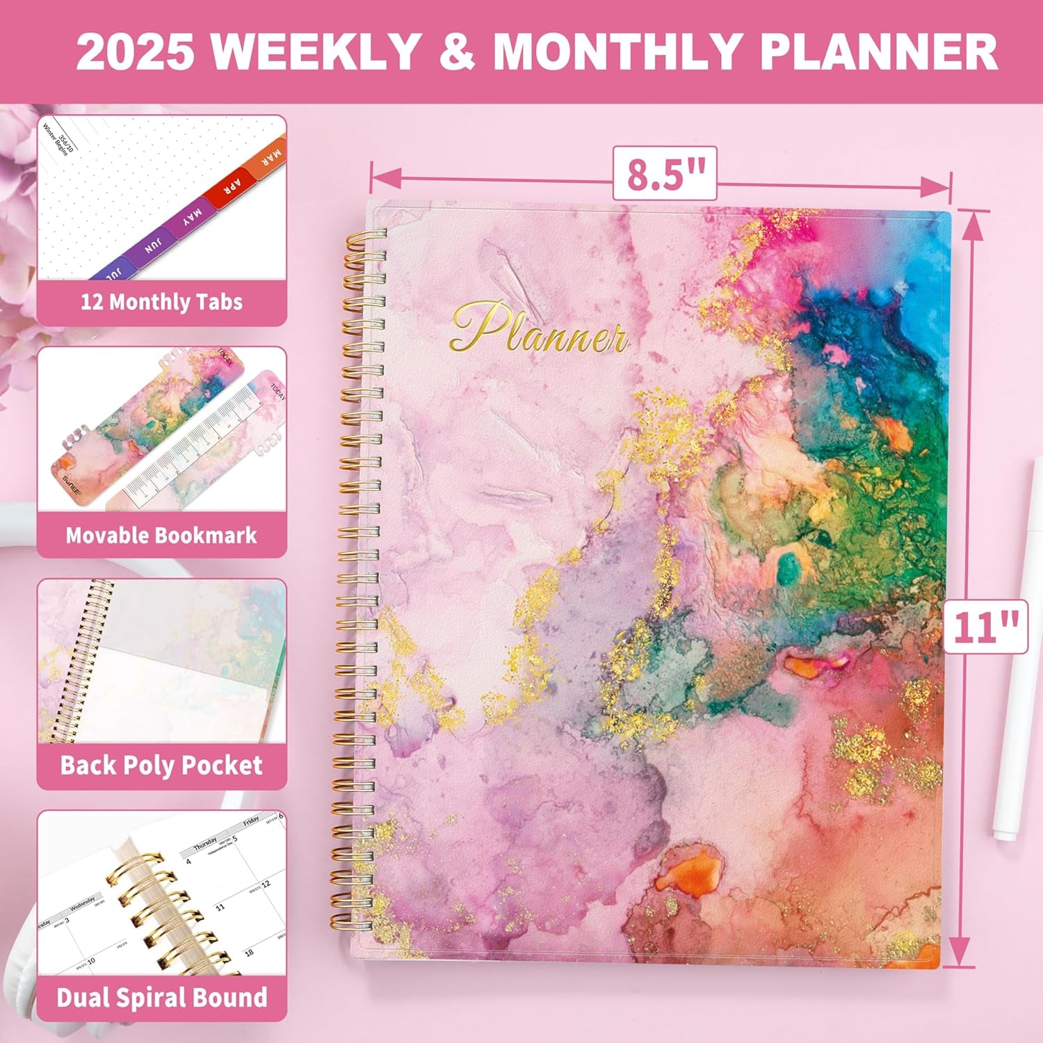 2025 Weekly and Monthly Planner - from January 2025 - December 2025, 8.5"X11" Daily Agenda Planner with Monthly Tab, Flexible Cover, Note Pages, Pockets, Bookmark, Spiral Binding, Marble