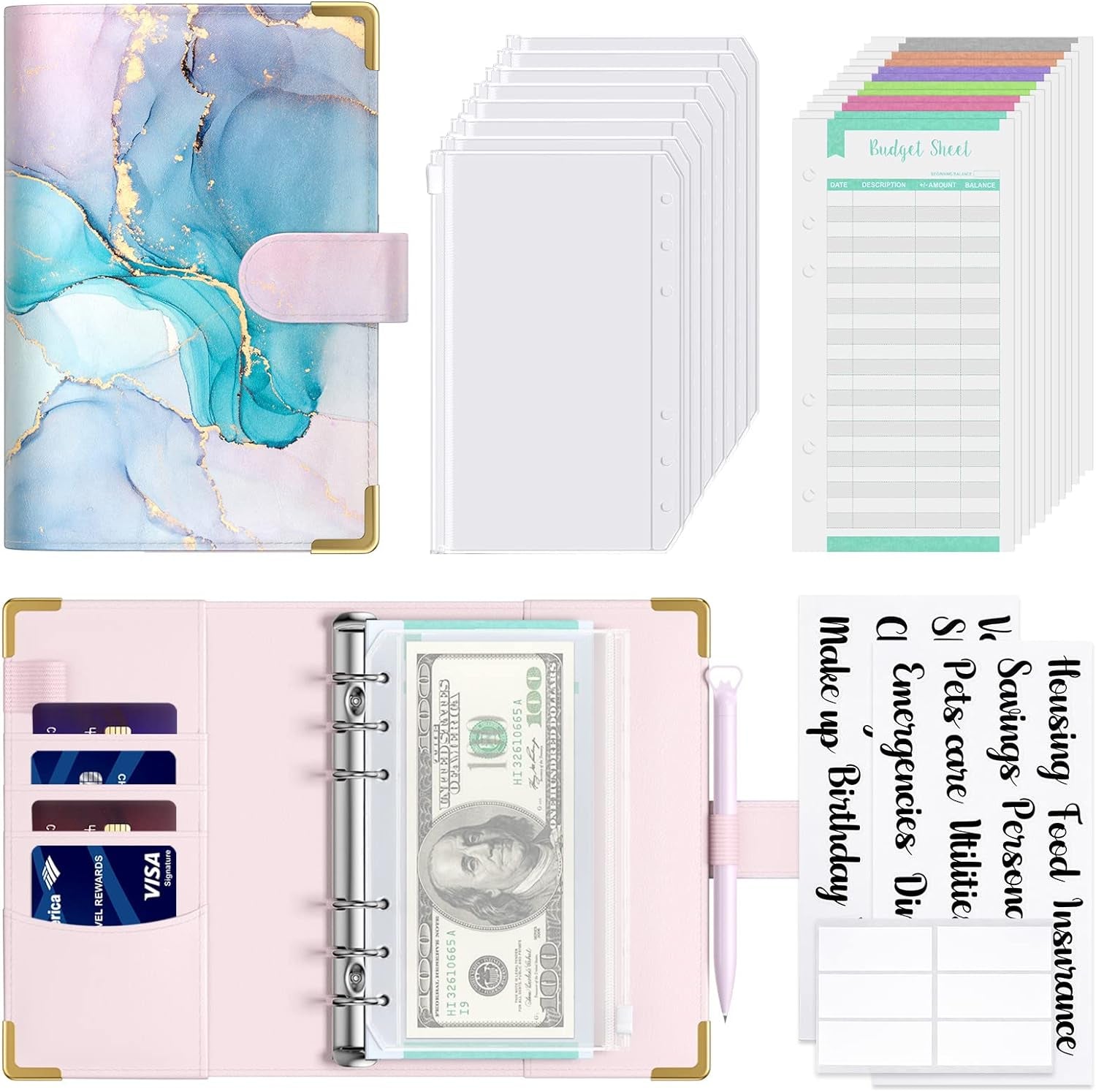 Budget Binder, A6 Binder Money Organizer for Cash, Marble Budget Binder with Zipper Envelopes, Money Saving Binder Cash Stuffing Envelopes for Budgeting, Cute Budget Planner for Planning, Blue