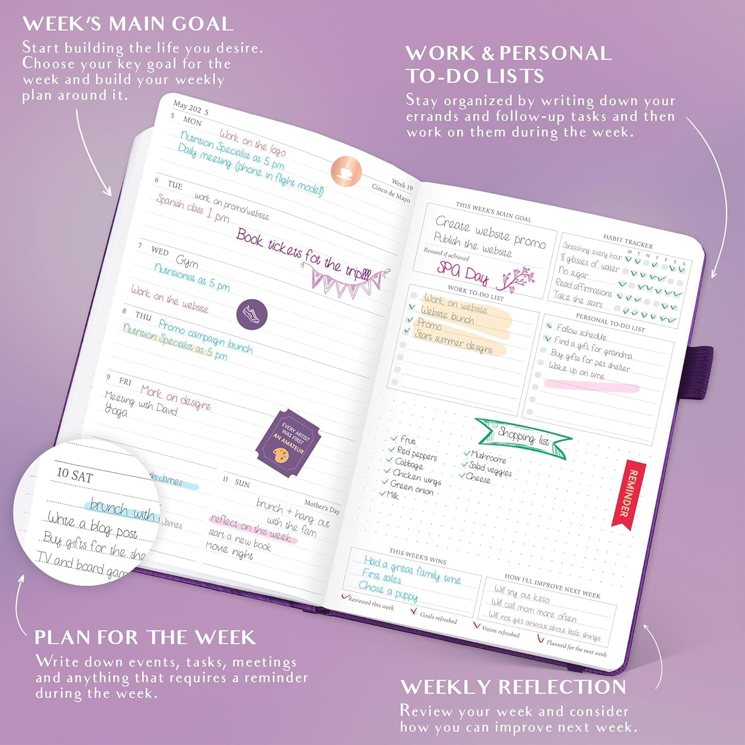 Jan 2025 – Jan 2026 Dated Weekly & Monthly Planner to Hit Your Goals, Increase Productivity & Live Happier. Organizer Notebook & Productivity Journal. A5 Hardcover (Purple)