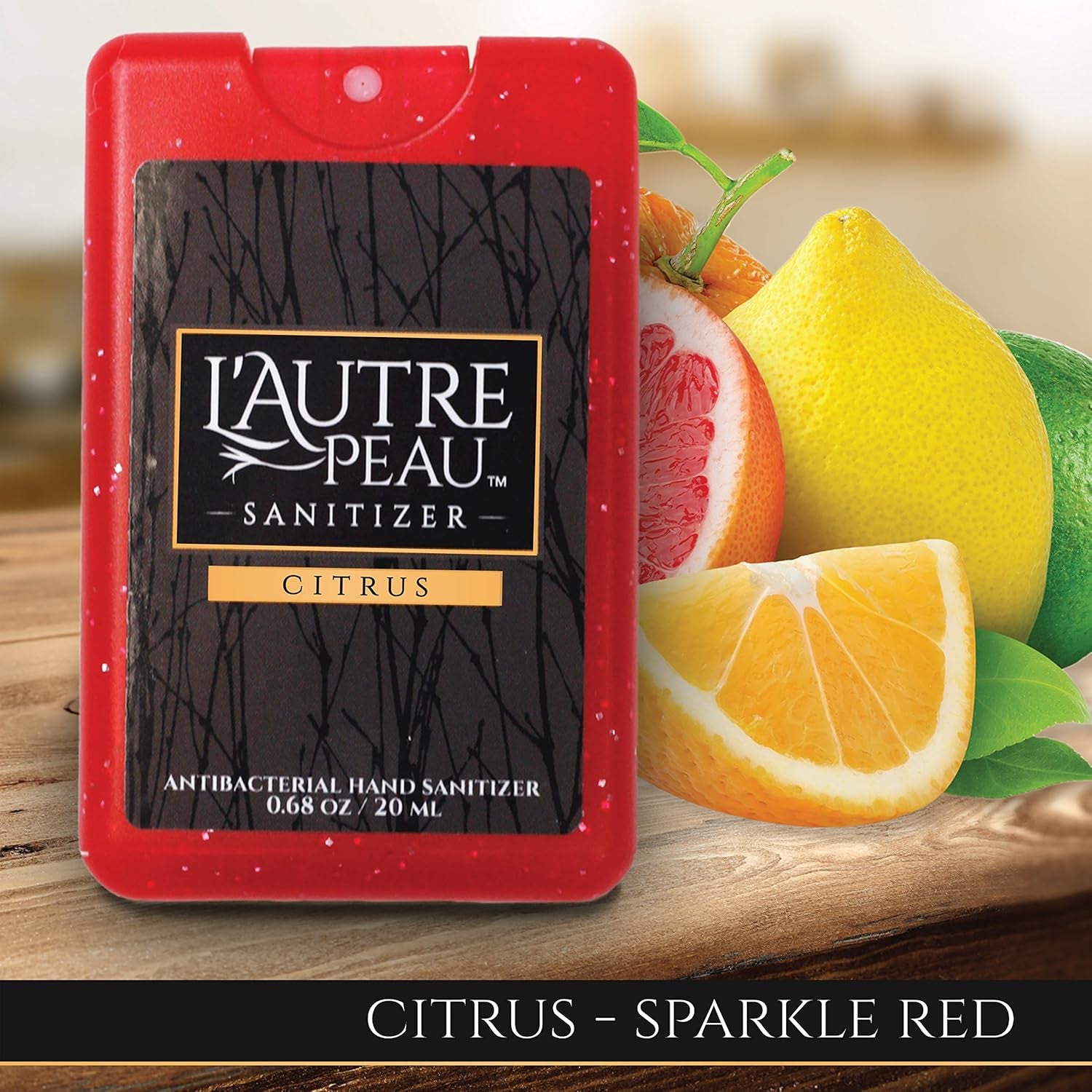 Antibacterial Travel Hand Sanitizer Spray with Aloe Vera by L’AUTRE PEAU - Unique Flat Credit Card Shape - Citrus Scented Mini Sparkle Pocket Size (3 Pack - 20ML, Sparkle Black,Red,Blue)