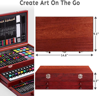 175 Piece Deluxe Art Set with 2 Drawing Pads, Acrylic Paints, Crayons, Colored Pencils Set in Wooden Case, Professional Art Kit, for Adults, Teens and Artist, Paint Supplies