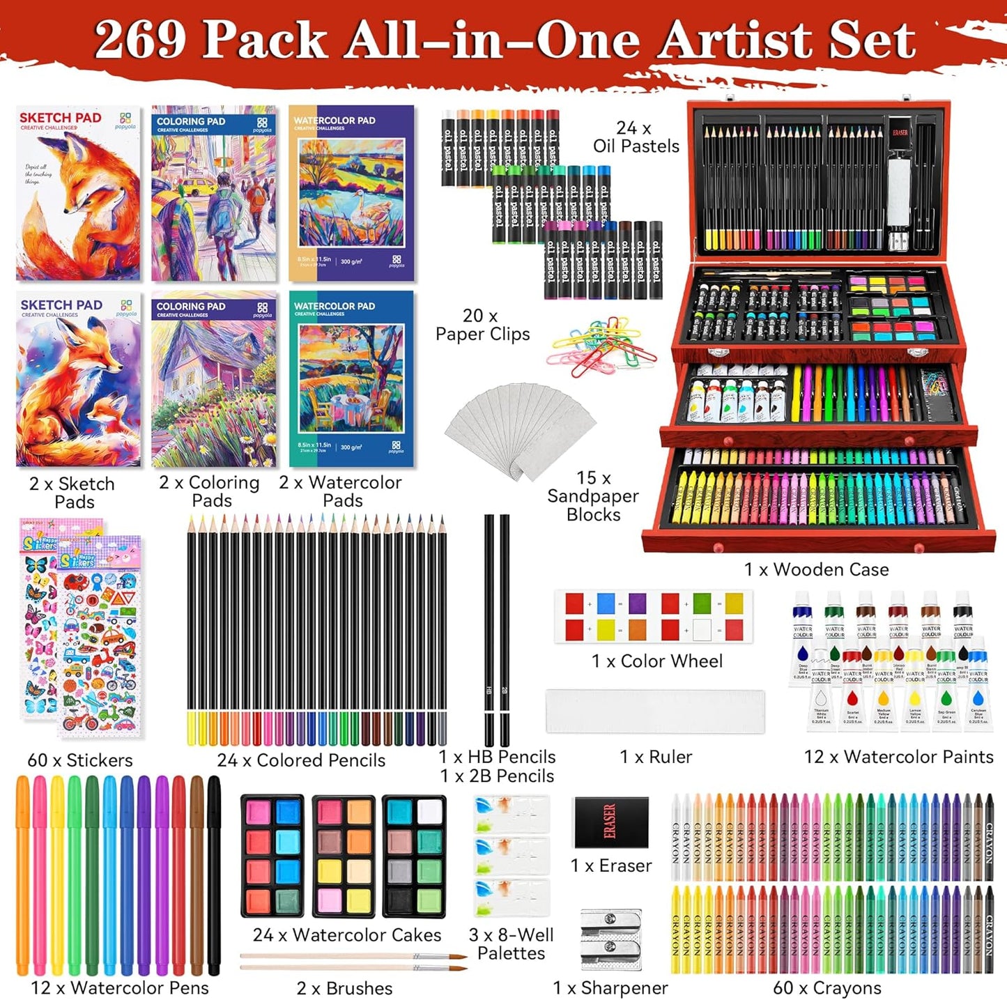 Art Supplies, 269 Piece Deluxe Art Set with 6 Drawing Pads, Watercolor Paints, Crayons, Colored Pencils Set in Wooden Case, Creative Gifts for Artists Adults Kids