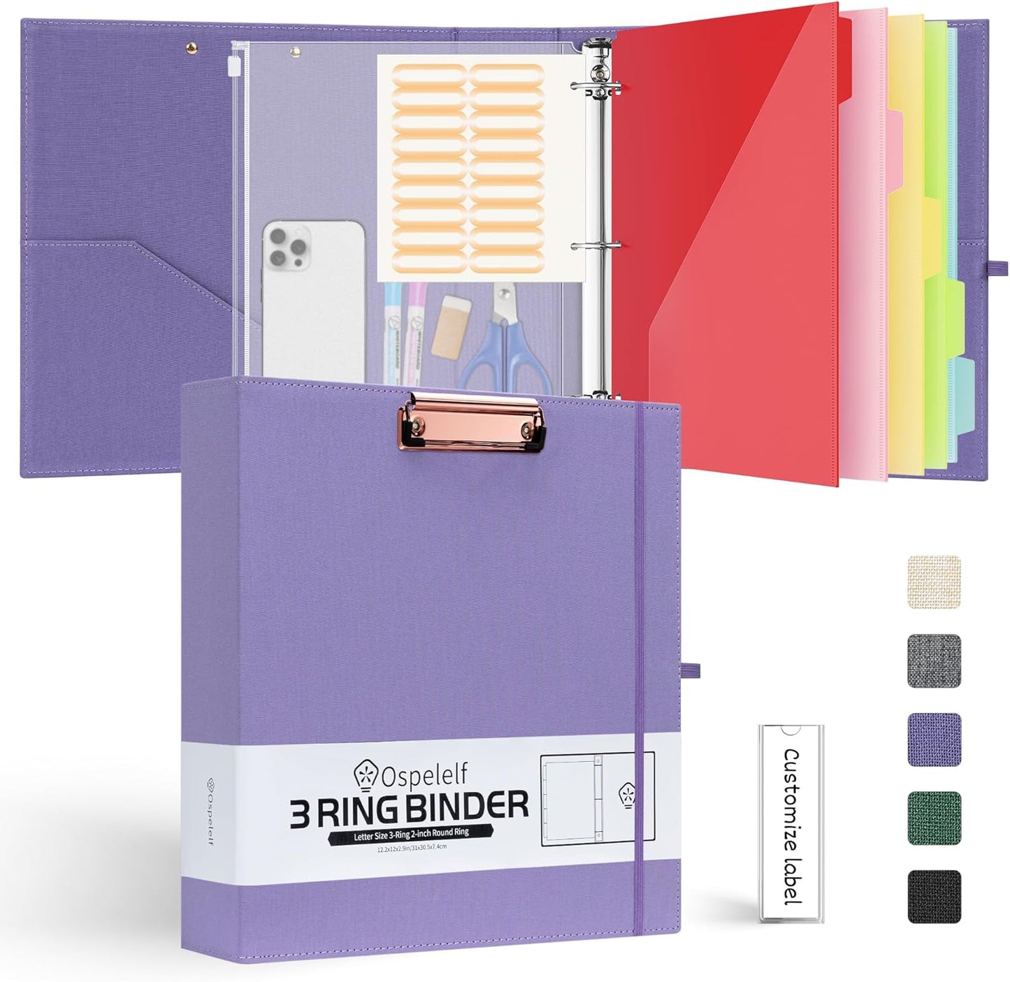 2 Inch 3 Ring Binder Organizer with Zipper Pouch, Purple Linen Clipboards Portfolio (8.5" X 11"), 5 Plastic Folders with 10 Pockets, Hardcover School Binder