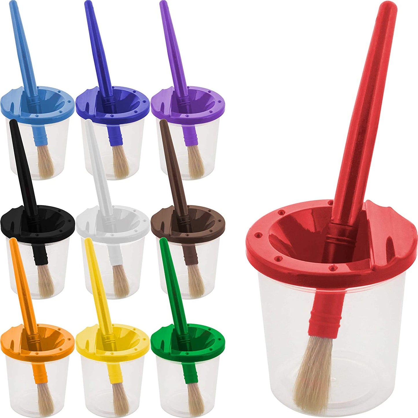 10 Piece Children'S No Spill Paint Cups with Colored Lids and 10 Piece Large round Brush Set with Plastic Handles