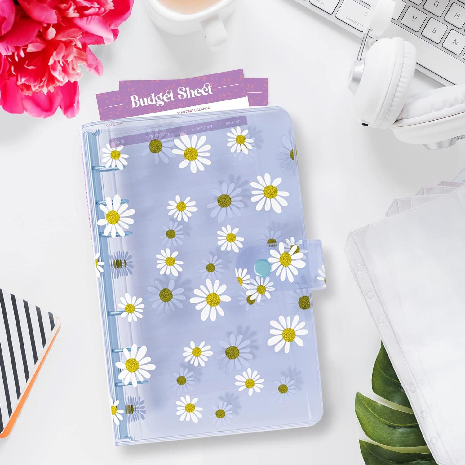 PVC A6 Budget Binder with Cash Envelopes for Budgeting - Cute Daisy Blue Money Organizer for Cash Budget Binder, Clear Budgeting Planner Money Savings Binder, Savings Challenges Book